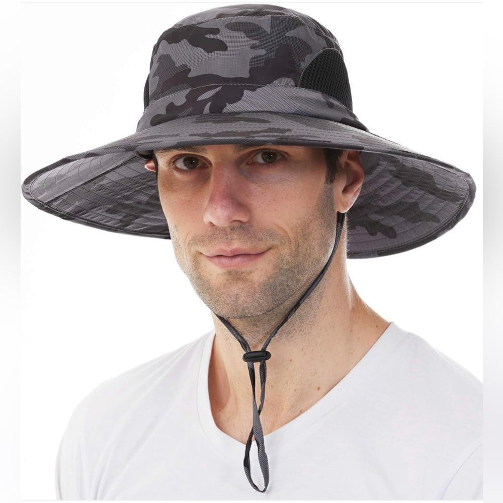 Men Women Fishing Sun Waterproof Wide Brim black gray camo hat NEW